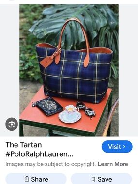 Polo by Ralph Lauren Navy Tartan Tote with Tan Leather Trim